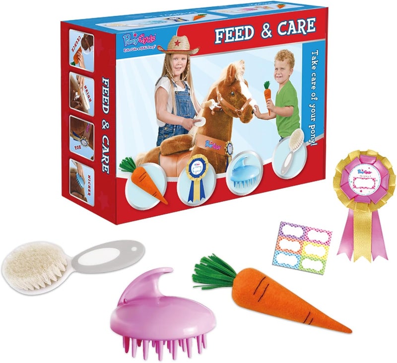 PonyCycle Unicorn Horse Toys Grooming Kit, Feed & Care, 5 Piece Assortment. Groming Brush, Pet Brush, Carrot, Sticker, Name Tag Perfect Pony Toys Gifts for Girls Kids - Model E, U and Model X - Image 1
